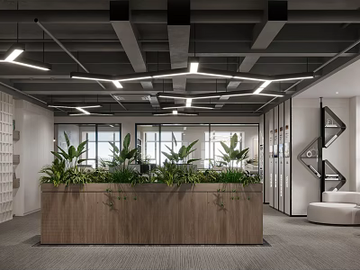 Modern Office Interior With Stylish Lighting Wooden Reception Desk And Indoor Green Plants 3d model