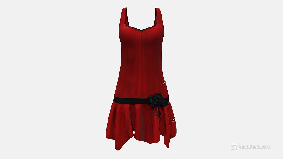 Fashionable Red Dress with Black Belt and Black Flower Decoration Asymmetric Hem 3d model 