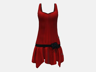 Fashionable Red Dress with Black Belt and Black Flower Decoration Asymmetric Hem 3d model