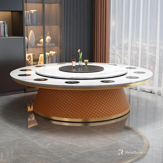 Round Dining Table With White Countertop Hot Pot Design Brown Woven Base And Gold Frame 3d model 