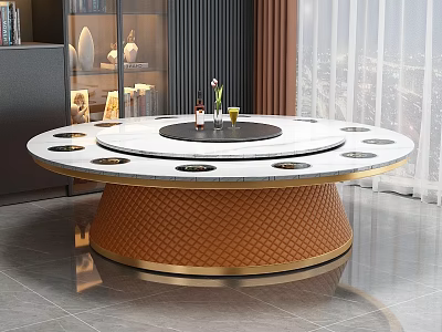 Round Dining Table With White Countertop Hot Pot Design Brown Woven Base And Gold Frame 3d model