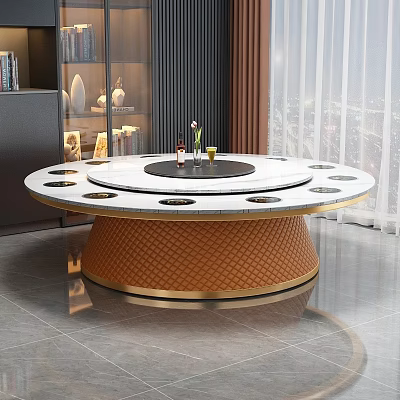 Round Dining Table With White Countertop Hot Pot Design Brown Woven Base And Gold Frame 3d model