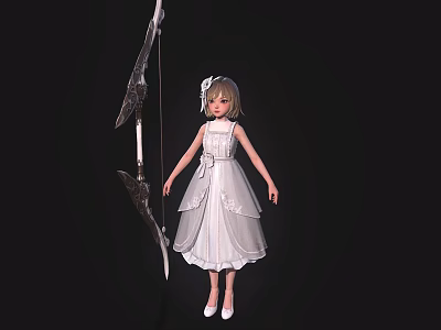 Child in White Dress with Bow Accent Wearing White Heels Standing Next to Large Bow 3d model