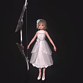 Child in White Dress with Bow Accent Wearing White Heels Standing Next to Large Bow