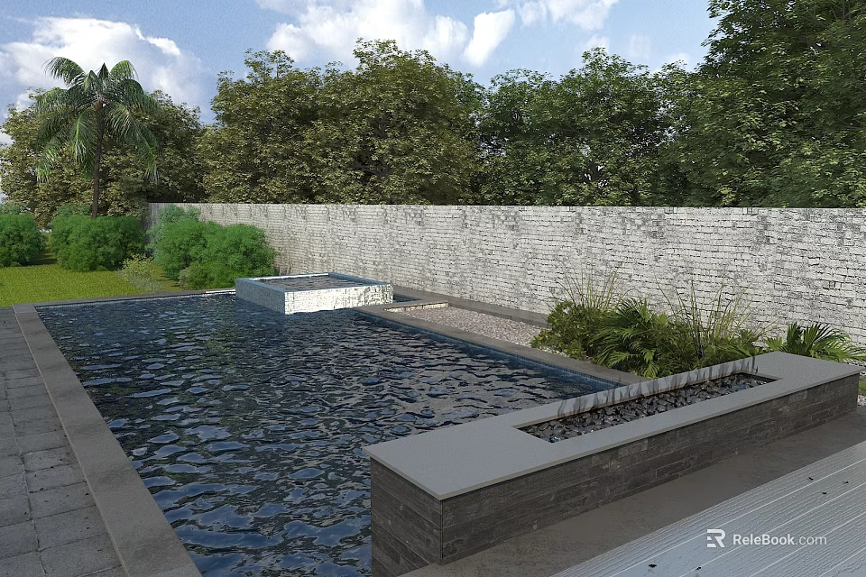 Garden Landscape Design With Reflecting Pool Stone Wall And Lush Green Trees 3d model 