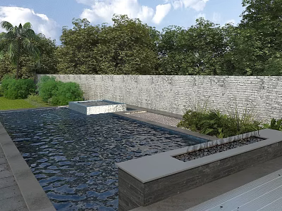 Garden Landscape Design With Reflecting Pool Stone Wall And Lush Green Trees 3d model