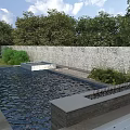 Garden Landscape Design With Reflecting Pool Stone Wall And Lush Green Trees