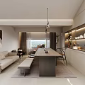 Modern Minimalist Tea Room Interior With Long Table Sofa And Decorative Lighting 3d model