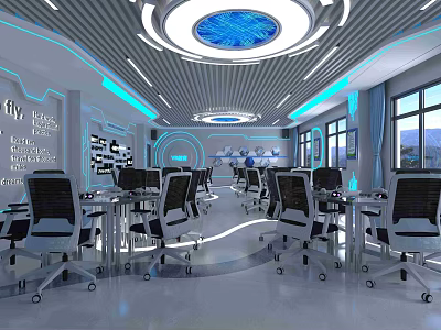 Modern School Computer Classroom With Black Chairs Desks And Blue Ceiling Lights 3d model