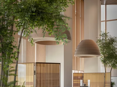 Modern Casual Lounge Area Featuring Green Plants Wooden Elements Pendant Lights and Screens 3d model