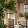 Modern Casual Lounge Area Featuring Green Plants Wooden Elements Pendant Lights and Screens