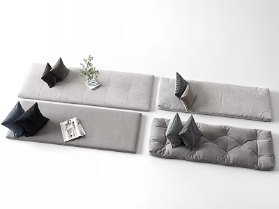 Stylish Gray and Black Decorative Pillows on Soft Cushions with Magazine and Small Plant 3d model