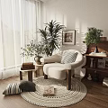 Cozy Lounge Chair with Striped Cushion on Round Rug and Potted Plants Near Bookshelf