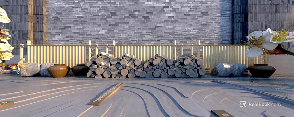 Wooden Hinged Door Against Gray Brick Wall with Golden Railing and Log Pile 3d model 
