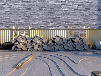 Wooden Hinged Door Against Gray Brick Wall with Golden Railing and Log Pile 3d model