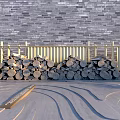 Wooden Hinged Door Against Gray Brick Wall with Golden Railing and Log Pile