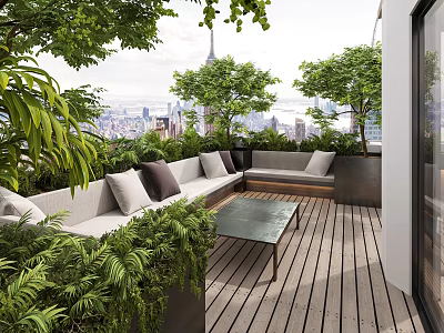Roof Garden Open Space Design With Wooden Floor Green Plants Sofa And City View 3d model