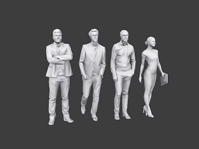 Four People 3D Character Models With Different Poses Formal Semi Formal Clothing Gray Background 3d model