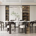 Elegant Modern Restaurant Interior With Round Dining Table Chairs Wine Racks And Pendant Lights