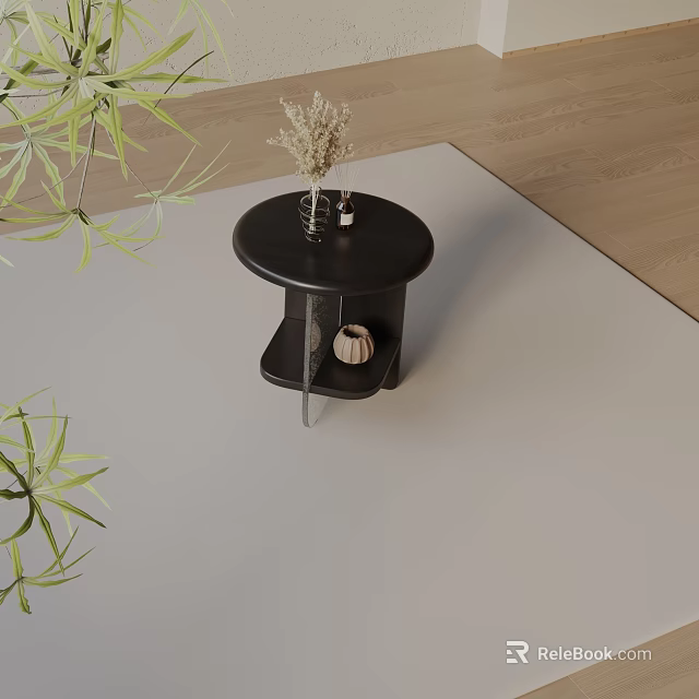 Simple Round Dark Side Table With Vase Dried Flowers And Green Plants On Light Carpet 3d model 