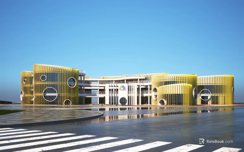Modern Yellow School Building With Circular Windows Plaza And Clear Blue Sky 3d model 