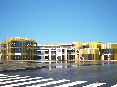 Modern Yellow School Building With Circular Windows Plaza And Clear Blue Sky 3d model