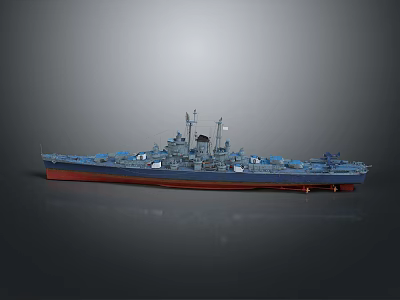 Battleship Model With Blue Body Red Bottom Multiple Turrets And Superstructure 3d model