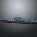 Battleship Model With Blue Body Red Bottom Multiple Turrets And Superstructure