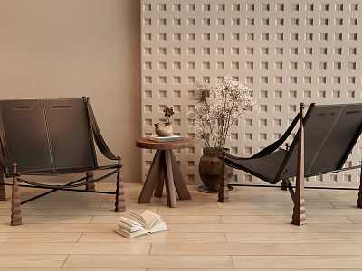 Black Leisure Chairs With Wooden Table Books Decor White Flower Vase Against Grid Patterned Wall 3d model