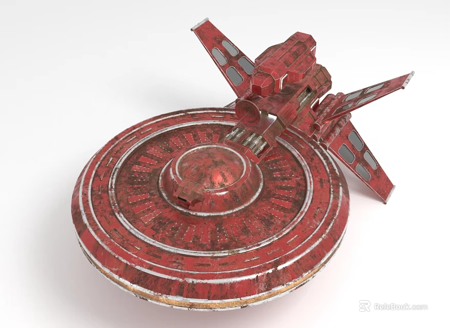 Red Spacecraft With Circular Base And Metallic Wings For Space Exploration Design 3d model 