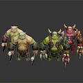 Four Different Colored Orc Characters With Horns And Weapons On Black Background With Reflections