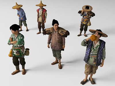Traditional Asian Game And Movie Characters In Costumes With Hats And Props 3d model