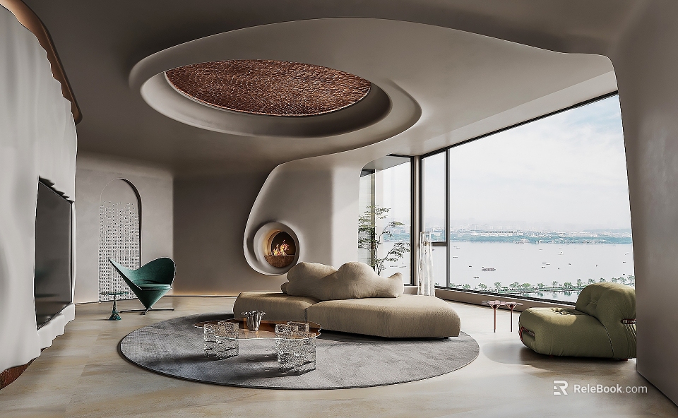 Modern Living Room With Curved Ceiling Woven Pendant Light Sea View Windows Beige Sofa And Mint Green Armchair 3d model 