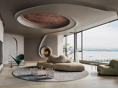 Modern Living Room With Curved Ceiling Woven Pendant Light Sea View Windows Beige Sofa And Mint Green Armchair 3d model