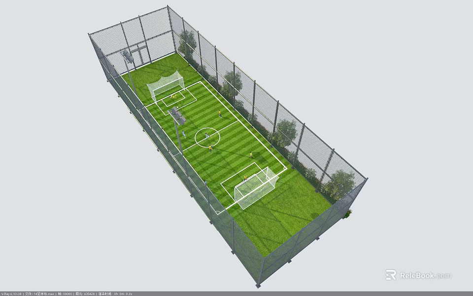Outdoor Fenced Football Field With Green Grass Goalposts And Surrounding Trees 3d model 
