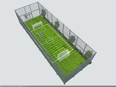 Outdoor Fenced Football Field With Green Grass Goalposts And Surrounding Trees 3d model