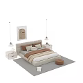 Modern Double Bed With Soft Upholstered Headboard Bedside Table Rug Wall Art And Pendant Lights