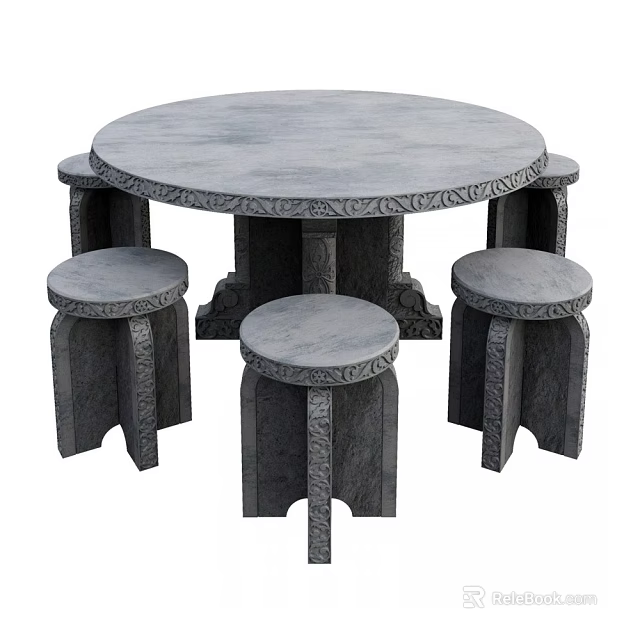 Decorative Round Stone Outdoor Table With Carved Design And Matching Stools 3d model 