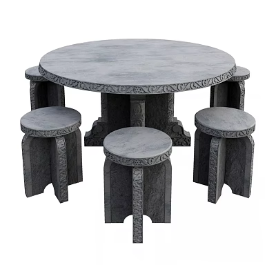 Decorative Round Stone Outdoor Table With Carved Design And Matching Stools 3d model