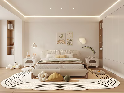 Modern Bedroom Interior With King Size Bed Decorative Art And Round Area Rug 3d model