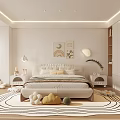 Modern Bedroom Interior With King Size Bed Decorative Art And Round Area Rug