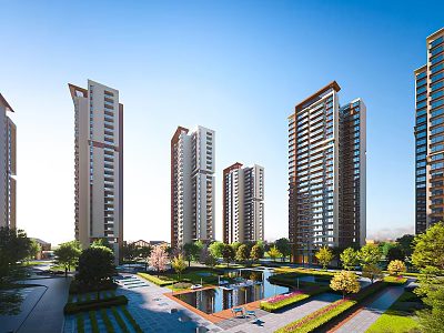 Aerial Planning of Modern High Rise Residential Community With Green Spaces And Water Features 3d model