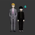 Blonde Hair Character in Gray Suit and Black Uniform Boy Standing with Blue Small Creature