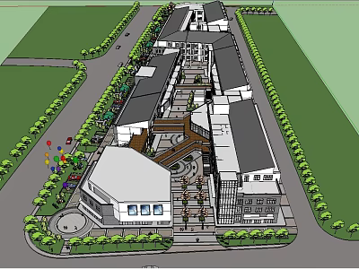 Modern Commercial Street Design With Pedestrian Walkway Greenery Shops And Central Plaza 3d model