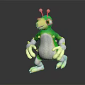 Cartoon Fantasy Creature Character With Green Body White Belly Large Eyes And Antennae Standing