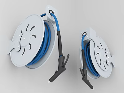 White Cable Reels With Blue Coiled Cables And Black Support Brackets 3d model
