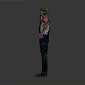 Man with green hair red eyes wearing gray tank top overalls standing against gray background