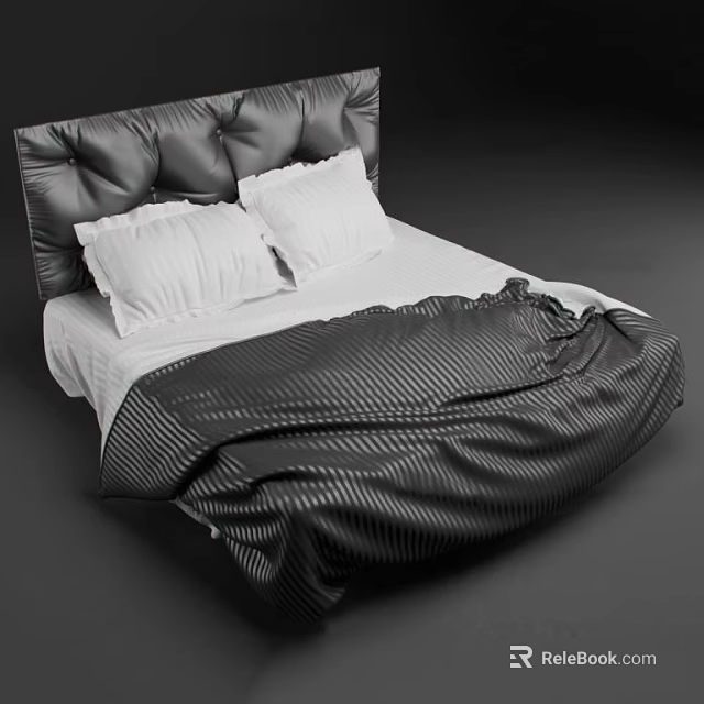 Elegant Double Bed With Black Leather Tufted Headboard White Pillows And Striped Blanket 3d model 
