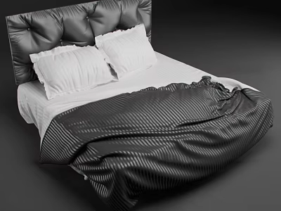 Elegant Double Bed With Black Leather Tufted Headboard White Pillows And Striped Blanket 3d model