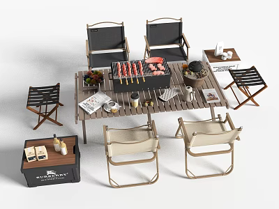 Outdoor Chairs Set With Wooden Table Grilled Skewers And Drinks For Patio Leisure 3d model